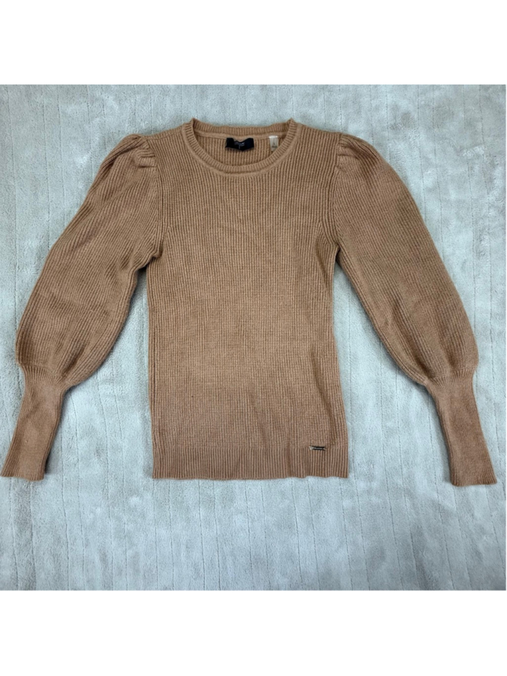 Women's Tahari Camel Brown Ribbed Puff Sleeve Crew Neck Pullover Sweater Small